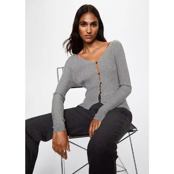 Mango Goleta Cardigan Button Ribbed V-Neck Bodycon Sweater Gray NWT - Picture 2 of 13